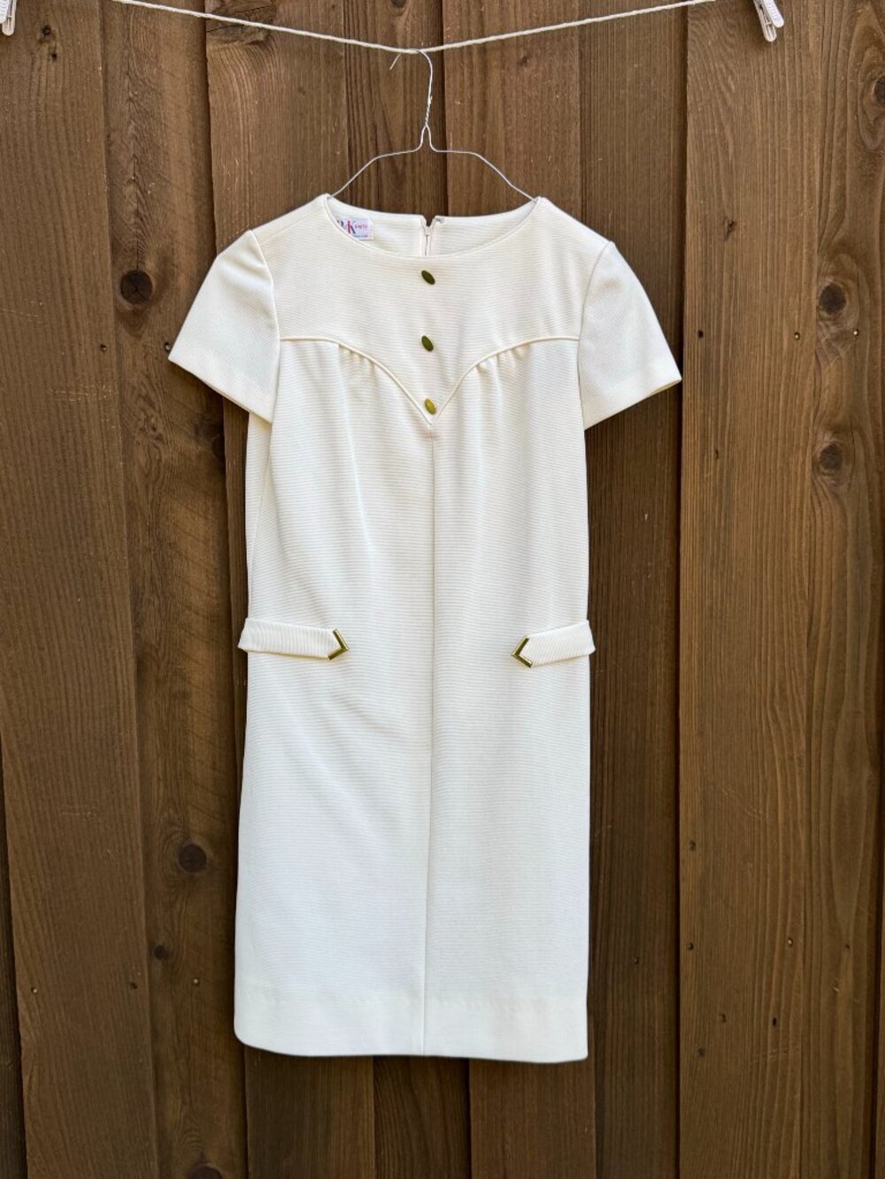 Vintage R & K Knits Cream Mod Dress Gold Buttons Belted 60s 70s